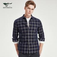 Q七匹狼长袖衬衫男士秋季时尚休闲纯棉灯芯绒格纹衬衣 102(深蓝)