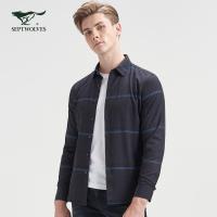 七匹狼长袖衬衫 男装秋季男士微弹竹纤维混纺长袖翻领格子衬衣