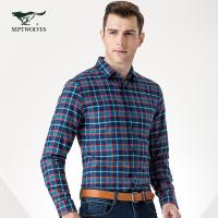 七匹狼衬衫 时尚休闲格子中青年长袖衬衫男装 103(灰蓝) 175/92A/XL