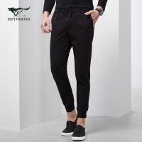 七匹狼休闲裤 男士春季新款针织休闲裤修身小脚弹力系带休闲裤男 001(黑色) 35A