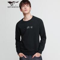 七匹狼卫衣男 秋季款时尚圆领男士潮流印花长袖T恤休闲男装 001(黑色) 180/96A/XXL