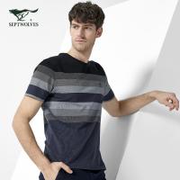 七匹狼短袖T恤2018夏新款男士时尚休闲圆领丝光棉条纹渐变T恤男