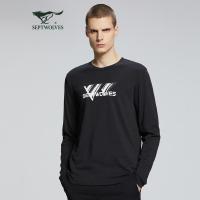 七匹狼长袖T恤男士2020秋季长袖圆领时尚印花舒适套头男装QZ 001(黑色) 170/92A