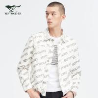 A七匹狼翻领牛仔夹克外套男士2021春季新款潮流印花竖纹白色茄克