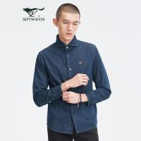 七匹狼棉+莫代尔牛仔长袖衬衫21春夏青年男士一字领胶印logo衬衫