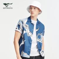 A七匹狼男装2021夏季新款印花短袖休闲衬衫潮流百搭翻领纯棉衬衣