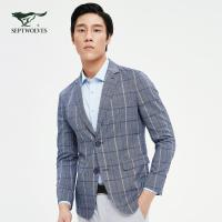 七匹狼休闲西服2021春季新款男士格纹时尚单西简约亚麻百搭男装