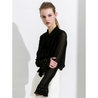 今升 纯色蝴蝶结飘带荷叶边袖女衬衫