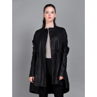 今升 立领系带磨砂抽褶宽松绵羊皮真皮风衣外套