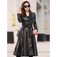 今升 V字领宽松绵羊皮真皮皮风衣长款外套（配腰带）