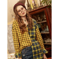秋壳2019春装 撞色长袖衬衫女宽松学院bf风港味复古格子衬衣潮