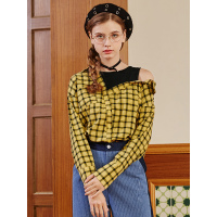 秋壳2019春季 学院风撞色假两件格子衬衫女港风ins斜肩衬衣潮