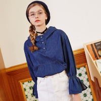 秋壳2019春季 连帽牛仔衬衫女学院bf风灯笼袖衬衣chic港味上衣