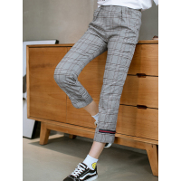 秋壳2019春 复古格子九分裤女学院风修身显瘦高腰卷边微喇叭裤