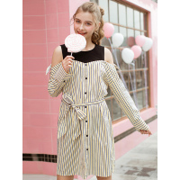 秋壳2019春 学院风收腰假两件长袖条纹连衣裙中性复古过膝裙子