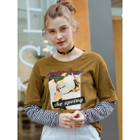 秋壳2019春装品学院风长袖假两件拼接条纹T恤女中性复古印花上衣