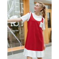 秋壳2019春装 学院风假两件短袖连衣裙女宽松荷叶边中长款裙子