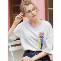 秋壳2019春装 学院风宽松圆领中袖T恤女中性复古休闲印花上衣