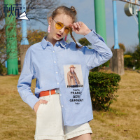 秋壳2019春装 学院bf风宽松纯棉衬衣chic印花百搭长袖polo衬衫