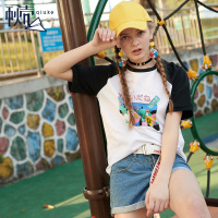 秋壳2019夏装 学生卡通短袖T恤女休闲宽松拼接短款印花上衣潮