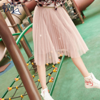 秋壳2019夏装 学院风中长裙子女学生网纱半身裙蕾丝拼接a字裙