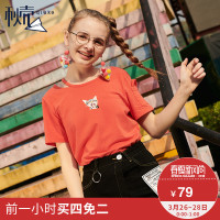 秋壳2019夏季 学院风简约宽松刺绣短袖T恤女复古百搭口袋上衣