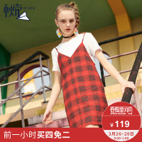 秋壳2019夏季 学院风红格子两件套连衣裙女撞色T恤吊带裙套装