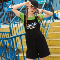 秋壳2019夏季 港味复古黑色背带裤女学院风吊带印花短裤连体裤