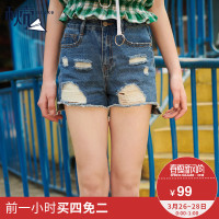 秋壳2019夏季 韩版显瘦宽松百搭热裤女学生高腰bf破洞牛仔短裤