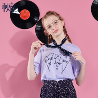 秋壳2019夏季 韩版女装宽松圆领字母印花纯棉T恤领结短袖上衣