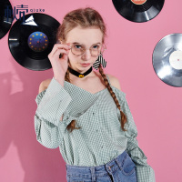 秋壳2019夏 韩版女装一字肩百搭长袖衬衫宽松露背格子衬衫上衣