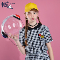 秋壳2019夏季 韩版女装学生格子连帽连衣裙宽松印花高腰中裙子