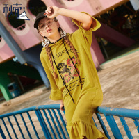 秋壳2019夏季 韩版女装荷叶边短袖连帽连衣裙宽松印花中长裙子