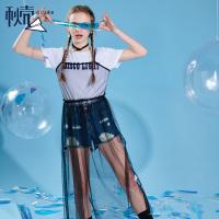 秋壳2019夏装 女装网纱吊带裙黑色蕾丝连衣裙韩版拼接长裙子仙