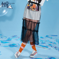 秋壳2019夏装 网纱半身裙女生黑色蕾丝a字裙韩版高腰中长裙仙