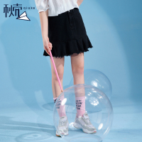 秋壳2019年夏季 高腰黑色牛仔半身裙潮复古毛边A字短裙显瘦女