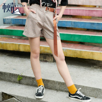 秋壳休闲格子短裤夏高腰阔腿裤子2019夏季 韩版宽松百搭热裤女