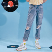 秋壳直筒破洞牛仔裤女2019 宽松九分裤夏学生高腰卷边哈伦裤子