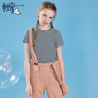 秋壳2019夏装 韩版女装学生套头条纹短袖T恤圆领宽松打底上衣