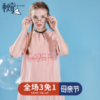 秋壳2019夏装 学生宽松网纱拼接连衣裙短袖粉色少女心仙女裙子