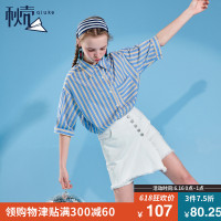 秋壳2019夏装 韩版学生蓝色衬衣韩范显瘦短袖条纹衬衫女上衣潮