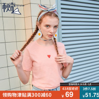 秋壳韩范宽松纯色短袖T恤女2019夏装 百搭学生圆领套头上衣粉