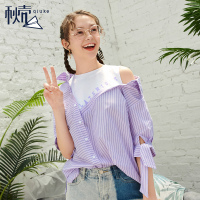 秋壳2019夏装 条纹短袖衬衫露肩衬衣韩版宽松显瘦假两件上衣女