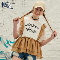 秋壳2019夏装 韩版字母印花短袖T恤女雪纺拼接短款百搭上衣服