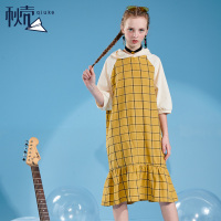 秋壳2019 格子拼接连衣裙潮中长款连帽短袖ins超火的裙子女夏