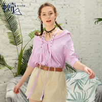 秋壳学生宽松短袖衬衫女2019夏装 韩范翻领上衣ins超火的衬衣