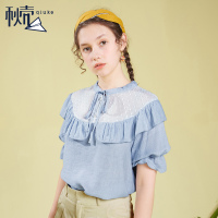 秋壳学生遮肚子雪纺短袖女装夏季上衣2019 韩版宽松蝴蝶结上衣