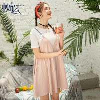 秋壳粉色连衣裙女夏2019 韩范吊带中长裙假两件学生pphome裙子
