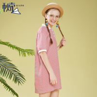 秋壳连衣裙女2019夏装 翻领条纹中长裙女学生ins超火的裙子潮