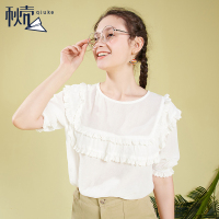 秋壳韩版短袖白色雪纺衫2019夏装 宽松百搭遮肚子泡泡袖上衣仙M码